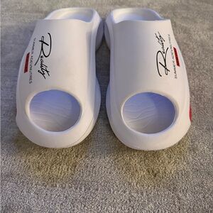 White Slide-On Open-Toe Foam Sandals with Logo Detail